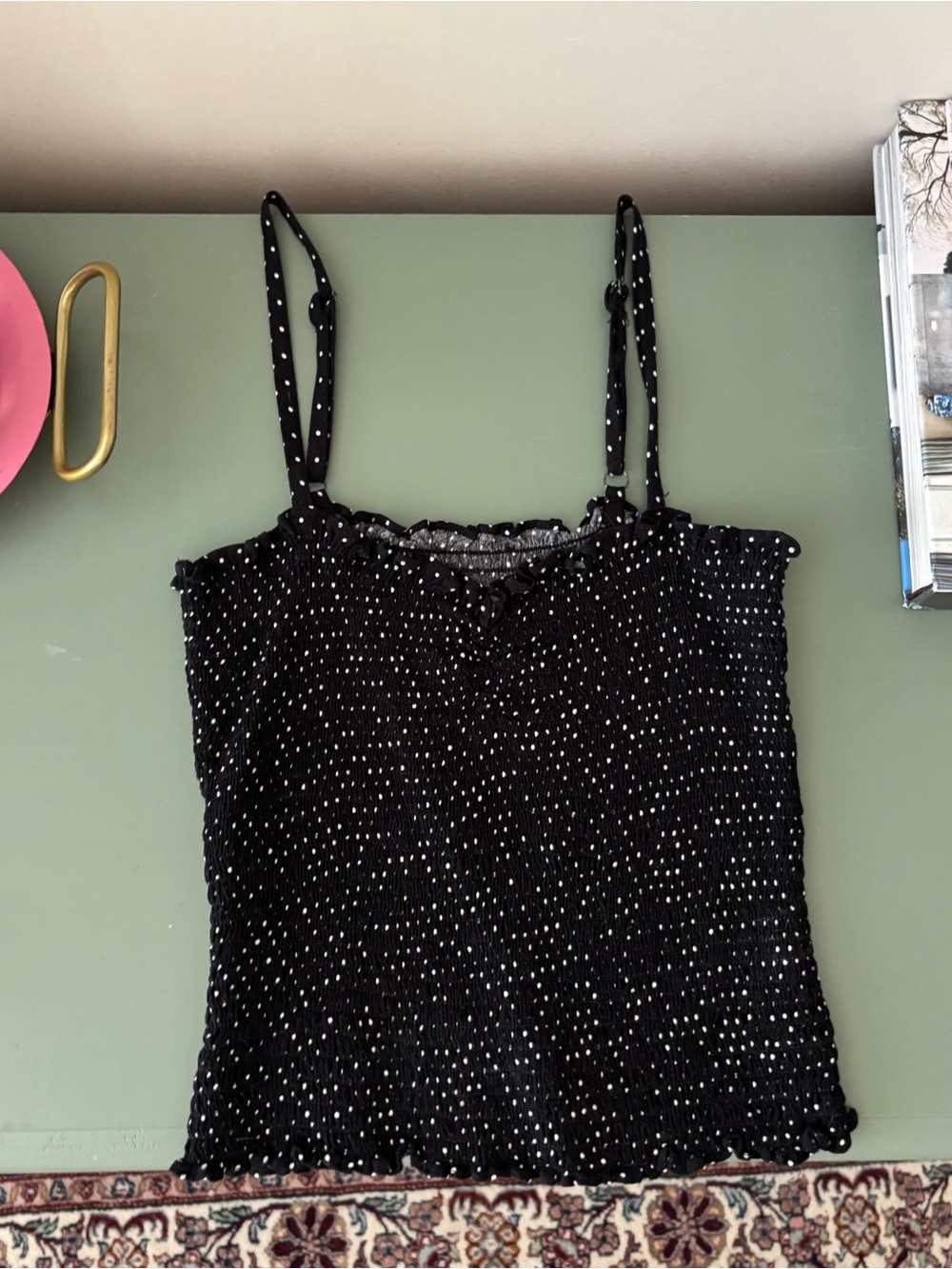 Reformation Black & White Polka Dot Smocked Cami